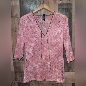 Vintage Bisou Bisou Pink Sheer Brown Trim Knit Top Y2k 90s USA Size Medium NWT